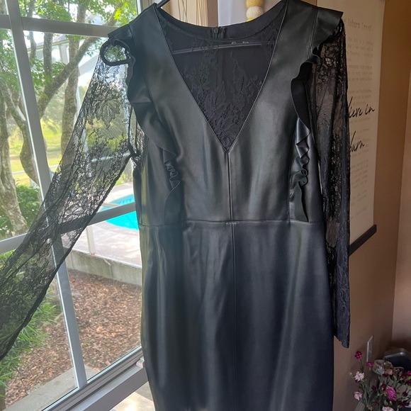 Zara Combine Tube Ruffle Faux Leather Mini Dress with Lace Sleeves - Picture 8 of 10